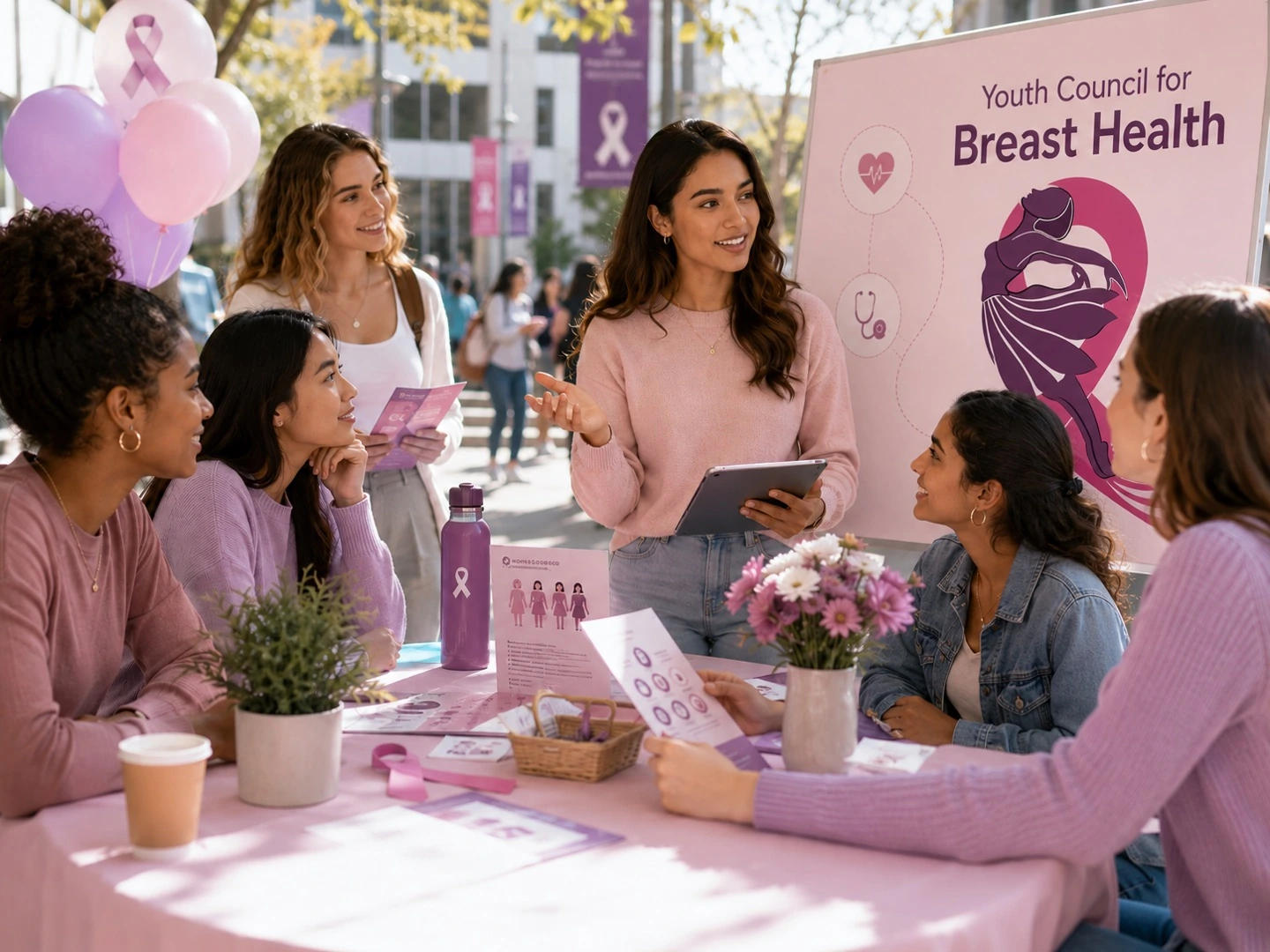 Young women at a YCBH campus breast-health awareness table